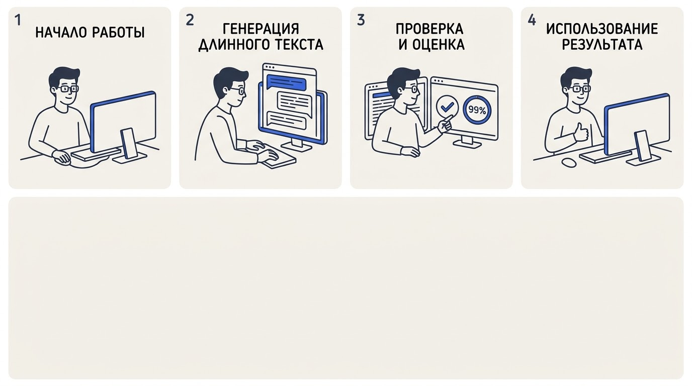 Персонаж за столом смотрит на два монитора: на левом открыт чат с длинным текстом, на правом — минималистичная панель с зеленой галочкой.