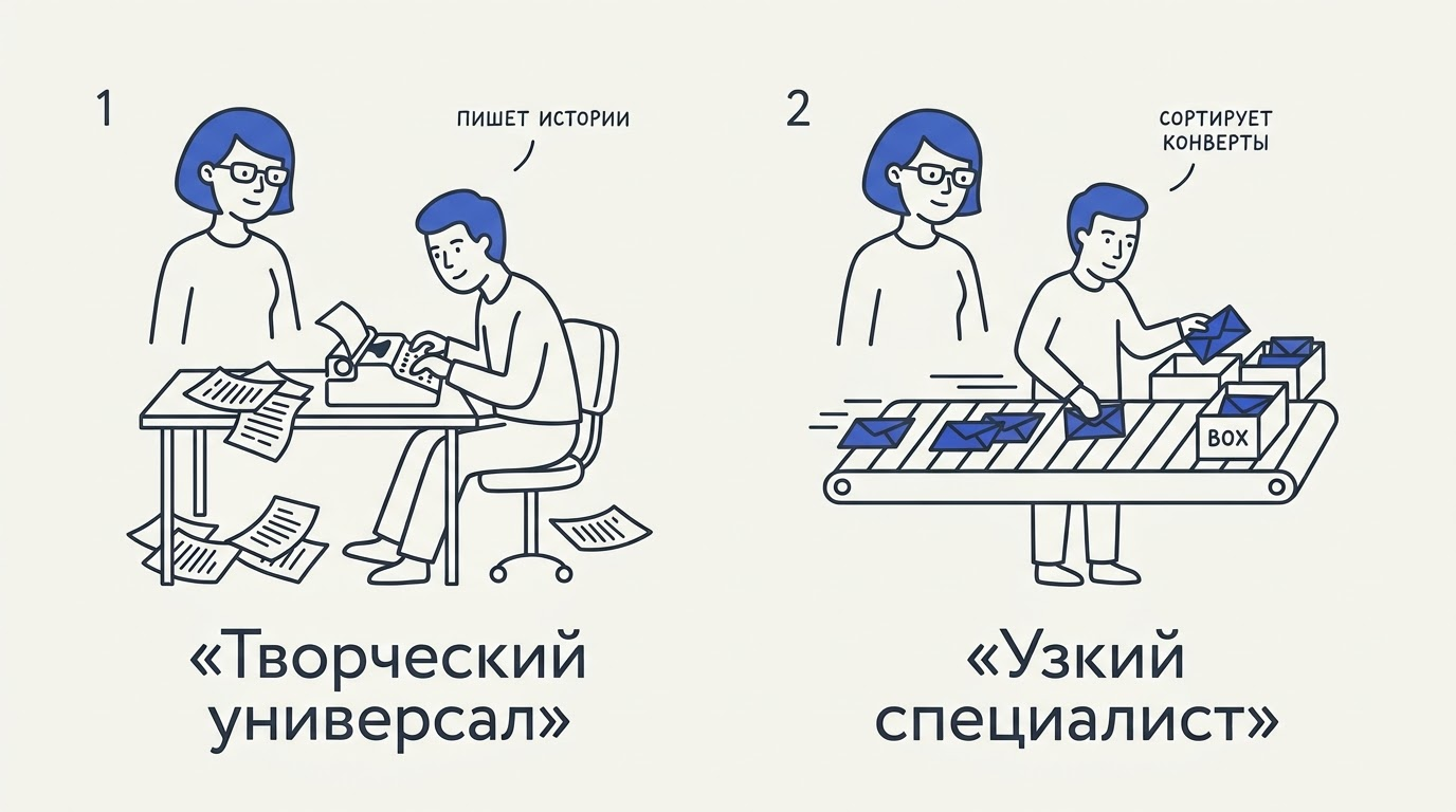 Руководитель наблюдает за двумя работниками: один печатает истории на машинке, а второй быстро сортирует цветные конверты на конвейере.