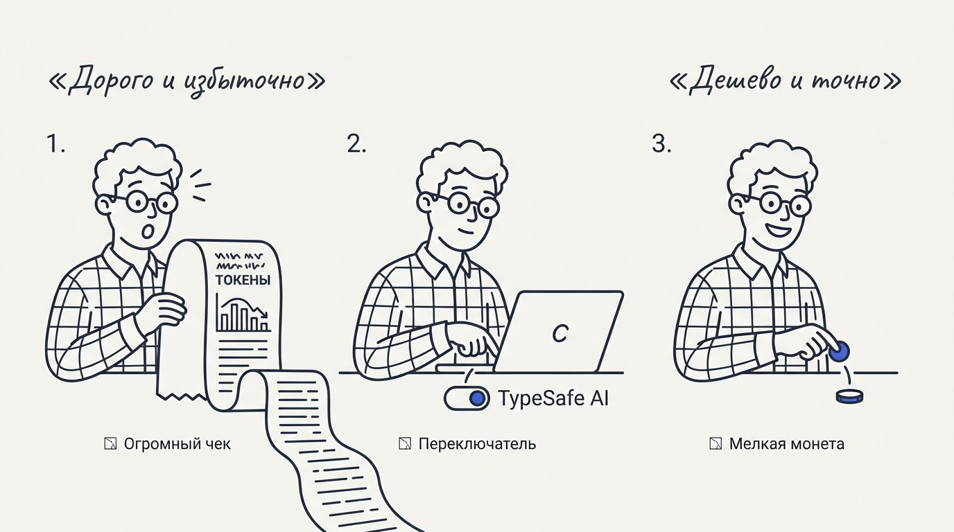 Комикс из трех панелей: герой пугается длинного чека за API, переключает ползунок на TypeSafe AI и с облегчением платит всего одну монету.