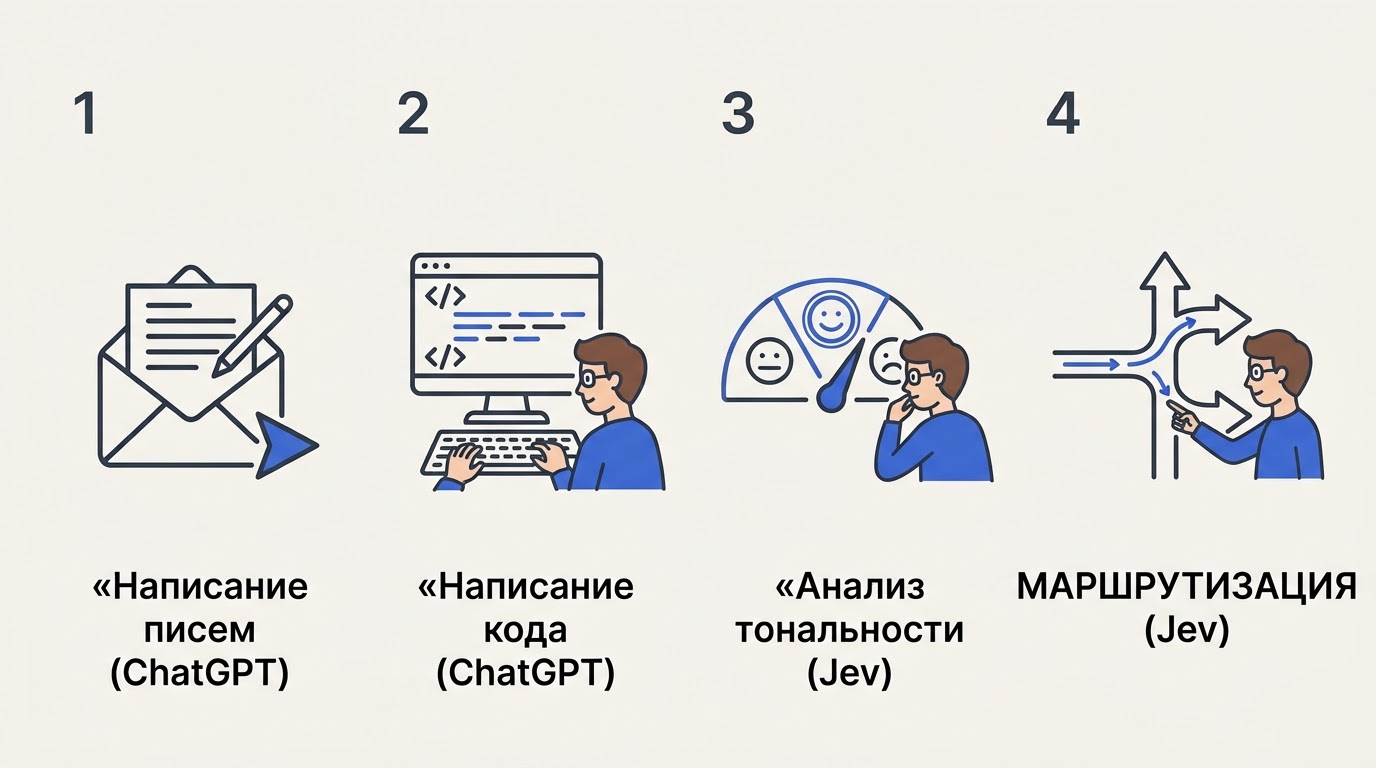 Персонаж распределяет рабочие задачи на две колонки: с одной стороны иконки перевода и текстов, с другой — фильтрация спама и маршрутизация.