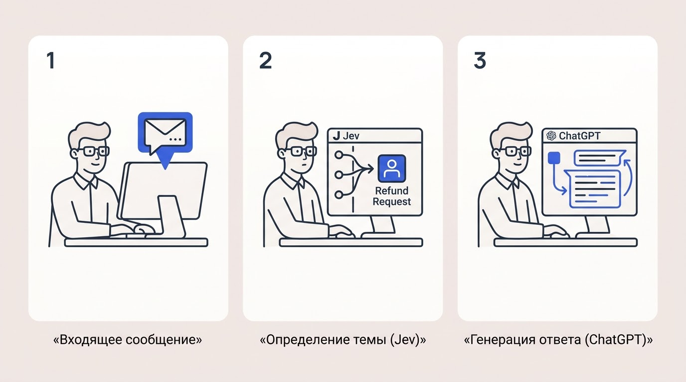 Схема обработки сообщения: система получает письмо, алгоритм категоризирует его как запрос возврата, а чат-бот пишет вежливый ответ клиенту.