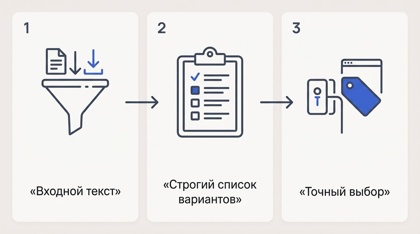 Блок-схема работы алгоритма: данные попадают в воронку, сверяются со строгим списком вариантов на планшете и выдают единственный тег.