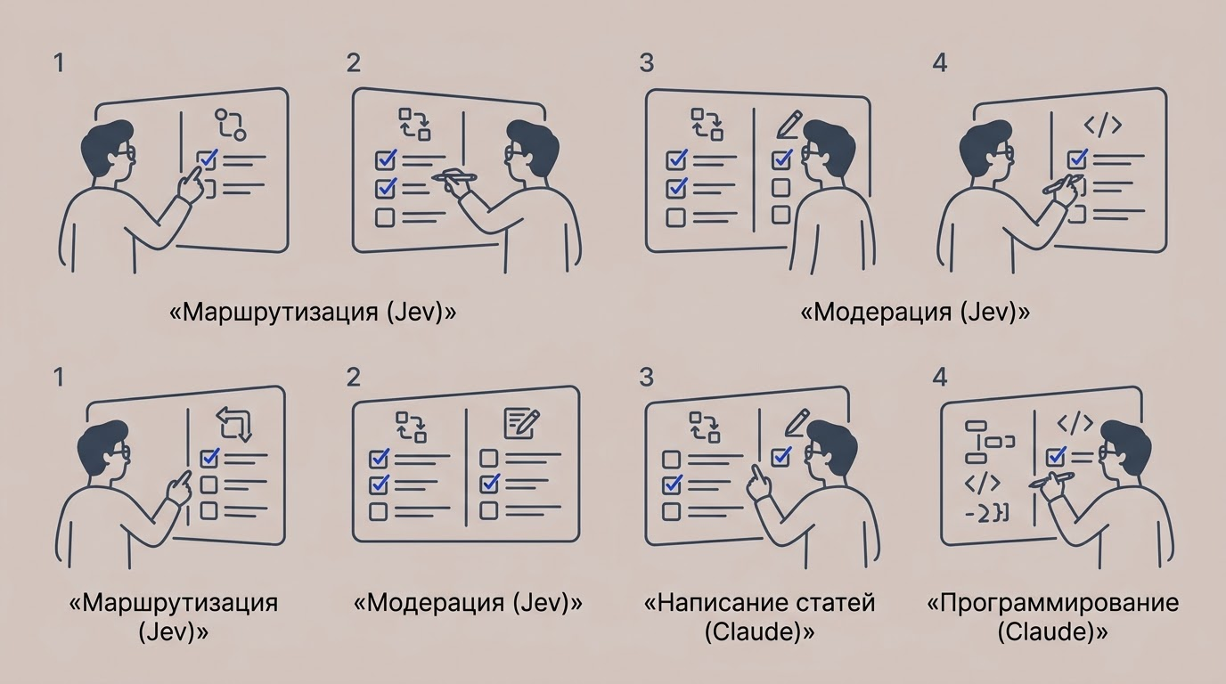 Героиня изучает два чек-листа на прозрачной цифровой доске. Один посвящен логике и сортировке, другой — креативному письму и коду.
