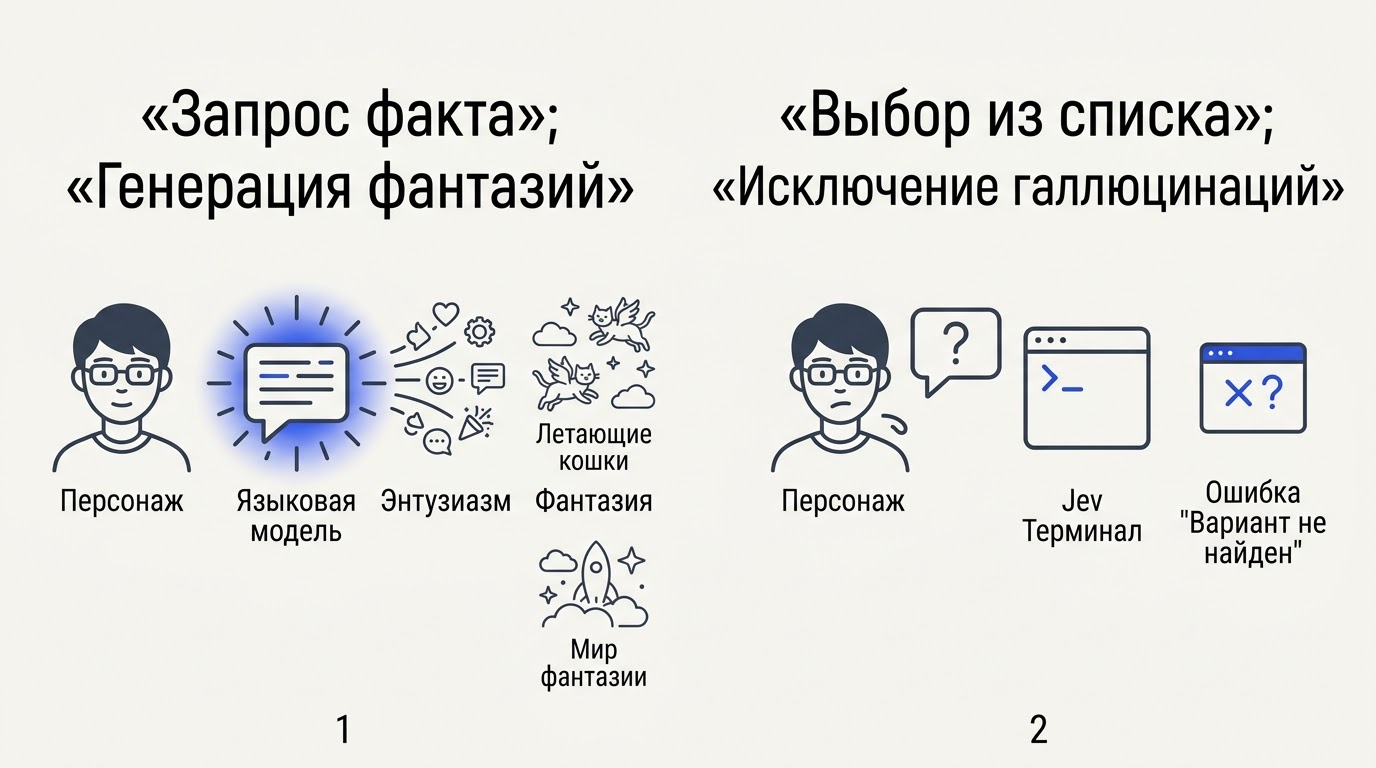Комикс: нейросеть придумывает историю про летающих котов, а терминал Jev на тот же запрос честно выдает ошибку «Вариант не найден».