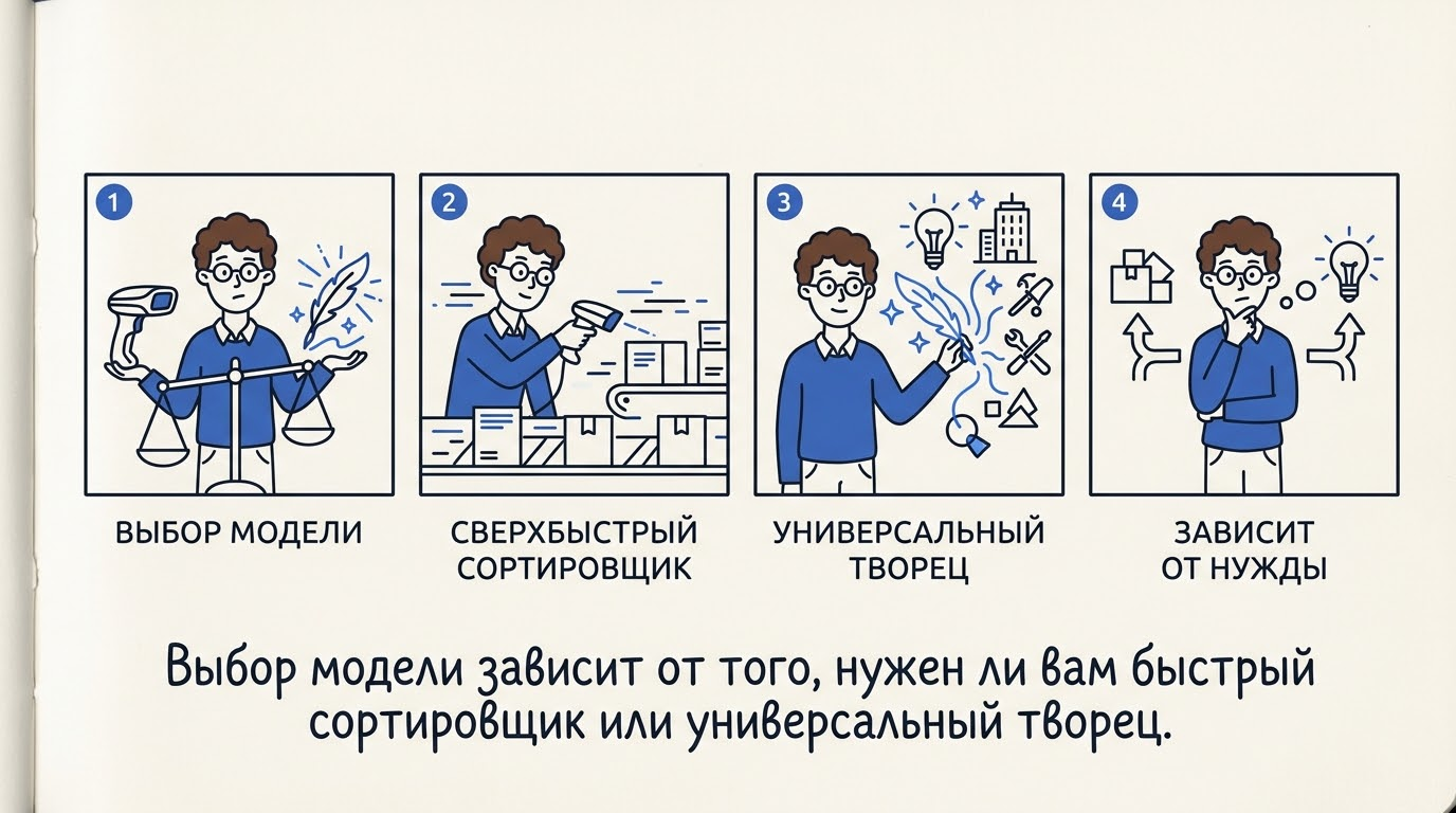 Героиня взвешивает в руках футуристичный сканер штрих-кодов для скоростной сортировки и светящееся магическое перо для творчества.