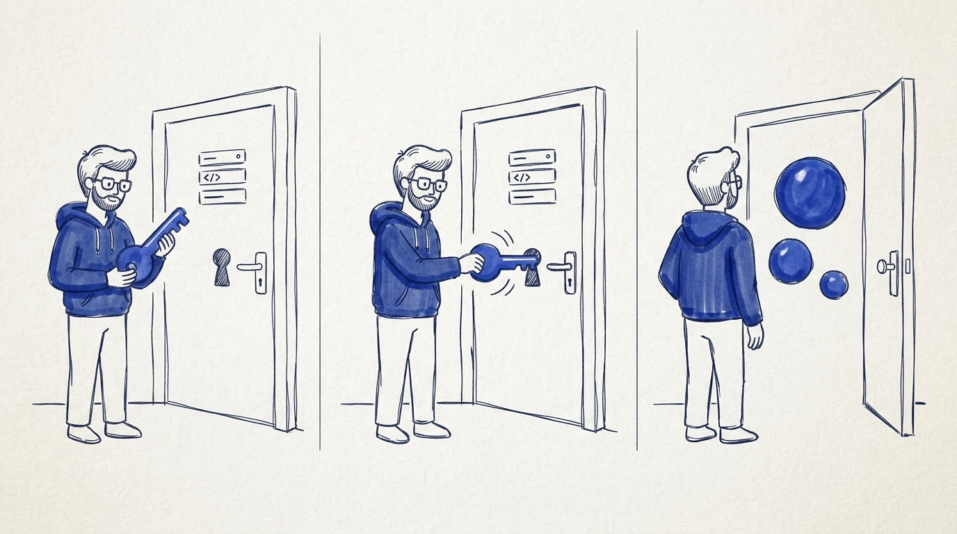 Разработчик держит светящийся ключ с надписью API key перед дверью api.anthropic.com/v1/messages, за которой три светящихся шара символизируют модели