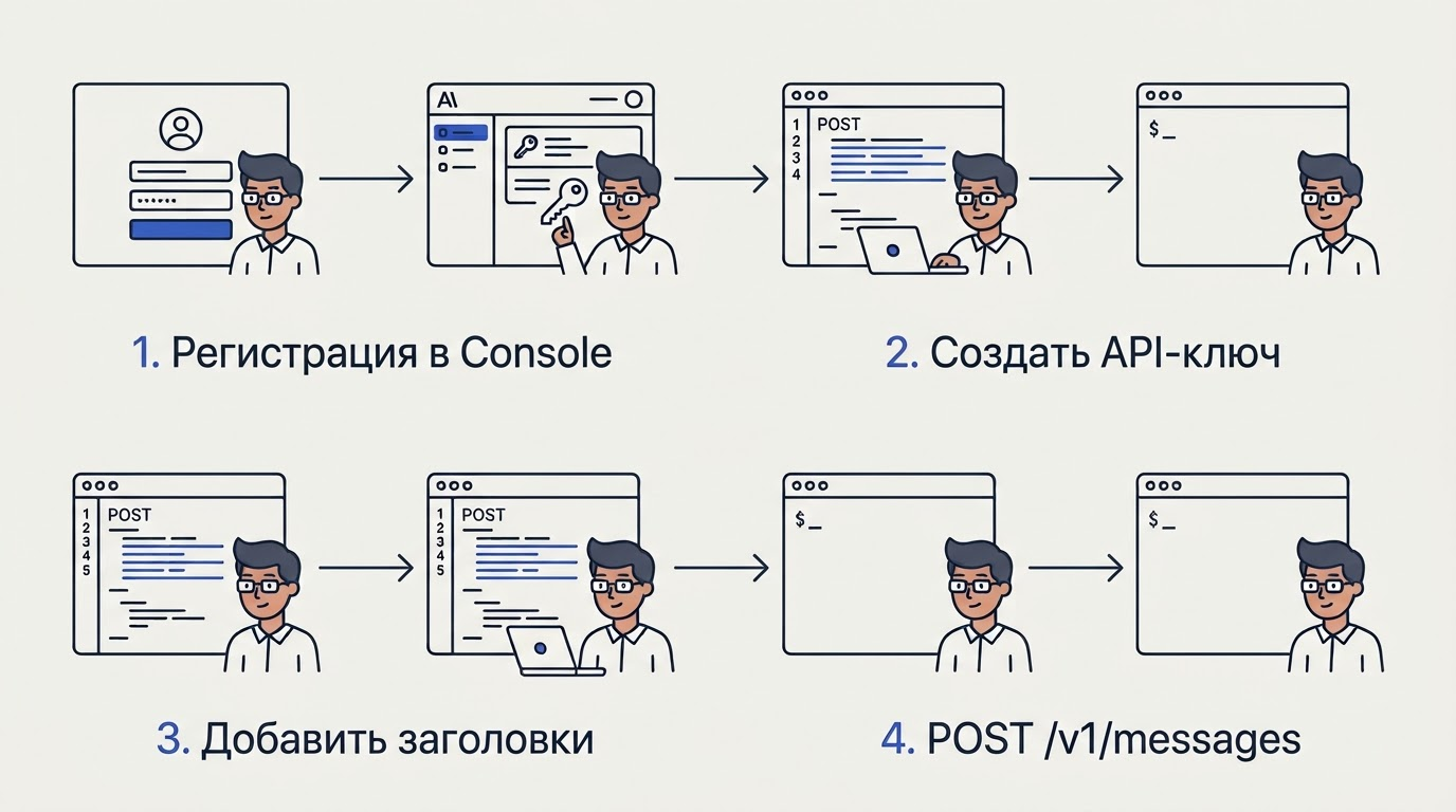 Горизонтальная диаграмма из четырёх шагов: экран регистрации в Claude Console, страница создания ключа, редактор кода с тремя HTTP-заголовками