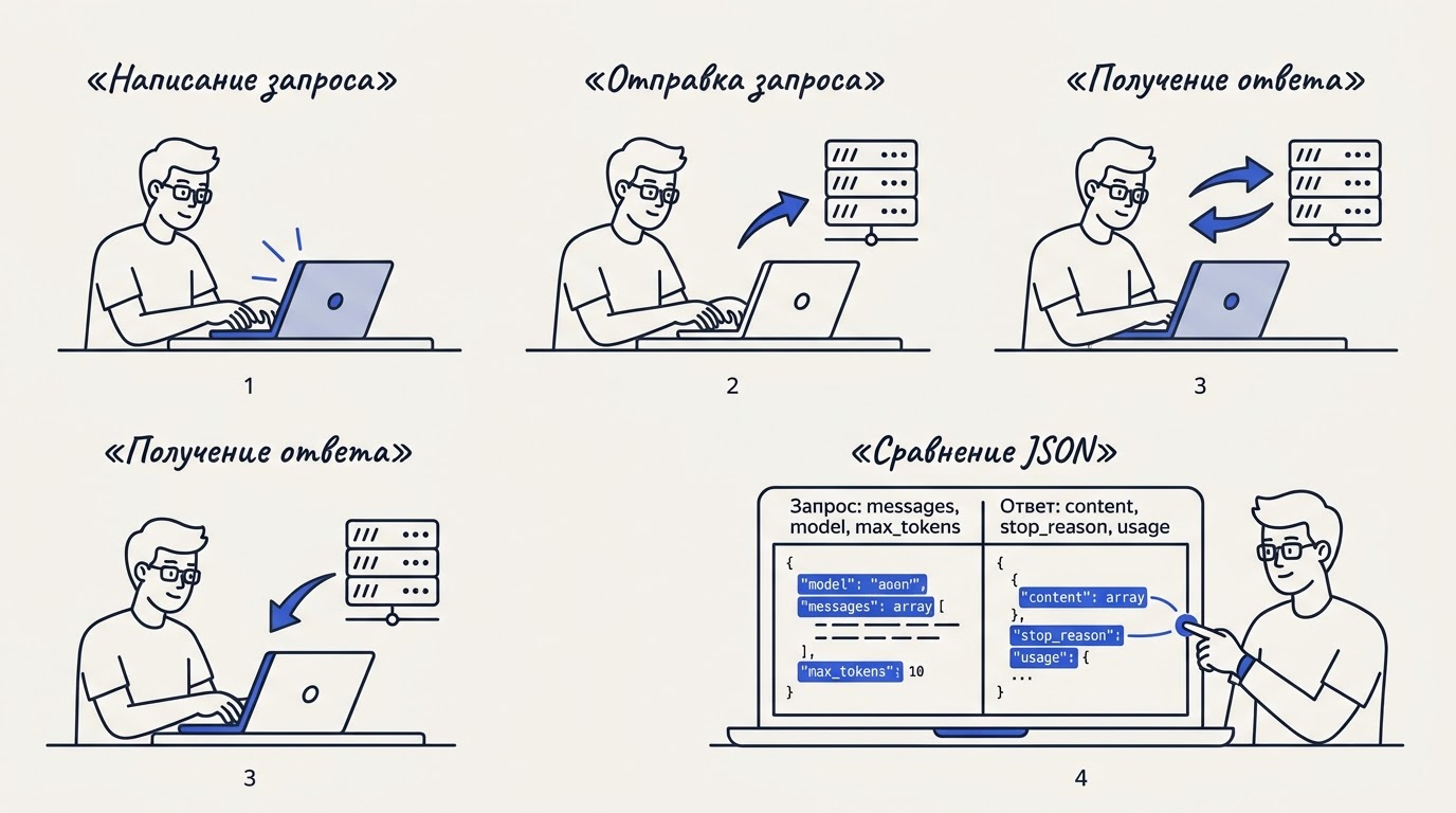 Разделённый экран: слева JSON-запрос с выделенными полями model, messages, max_tokens; справа JSON-ответ с выделенными content, stop_reason, usage