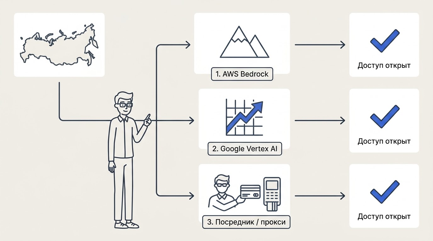 Схема с иконкой России, от которой расходятся три пути: к логотипу AWS Bedrock, логотипу Google Cloud Vertex AI и иконке посредника с символом карты