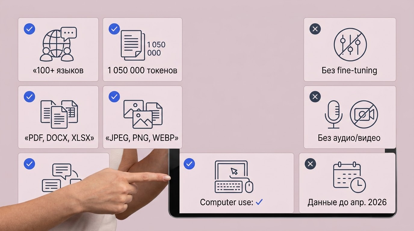 Двухколоночная таблица: зелёные галочки перечисляют возможности модели — 100+ языков, 1M токенов, форматы файлов, computer use; красные крестики