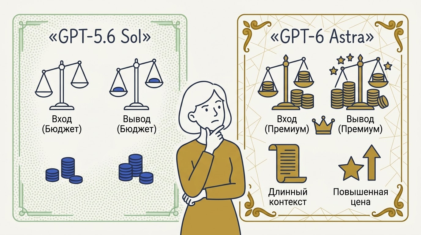 Сравнение двух ценовых карточек: слева GPT-5.6 Sol с зелёным фоном и ценой $5/$30 за 1M токенов, справа GPT-6 Astra с золотым фоном и ценой $10/$50