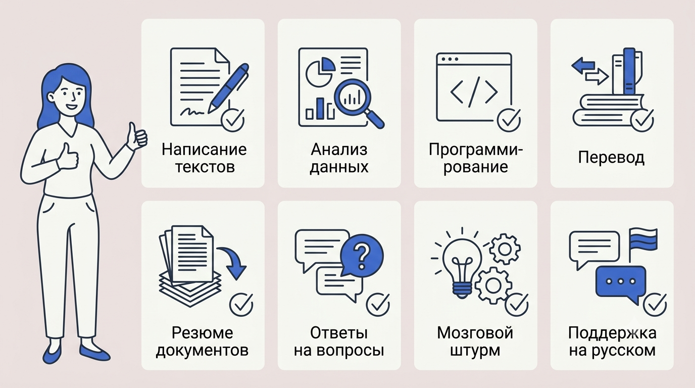 Сетка иконок задач с галочками: текст, документы, код, анализ данных, письма