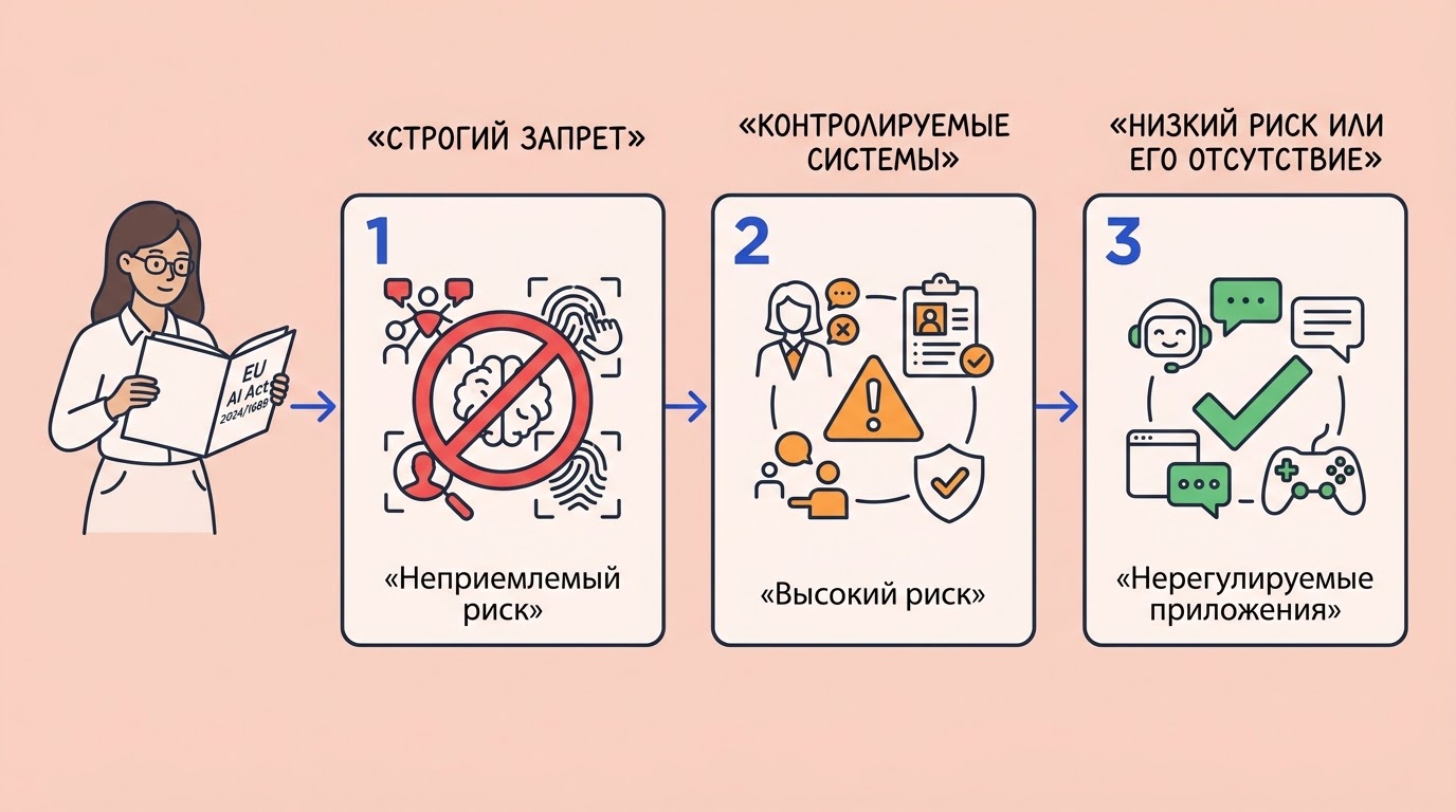 Блок-схема трёх категорий риска EU AI Act: красный неприемлемый, оранжевый высокий, зелёный нерегулируемый