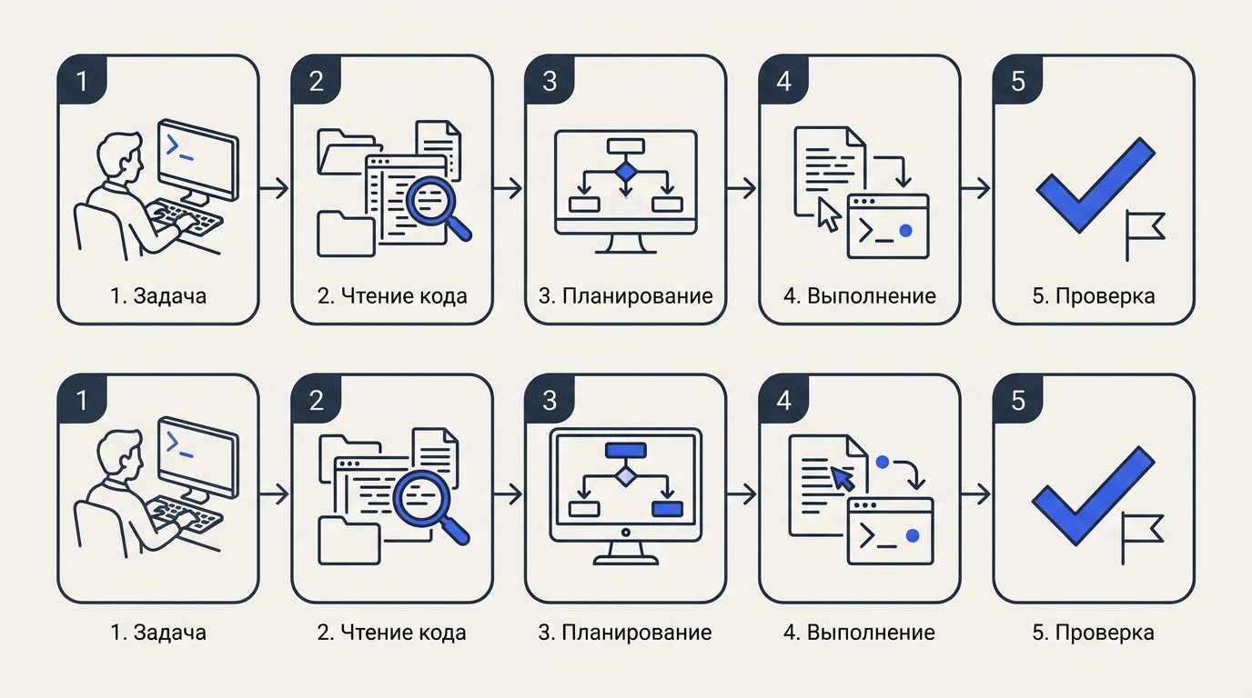 Горизонтальная схема из пяти пронумерованных карточек: ввод задачи в терминал, чтение файлов, план на экране, правки и тесты, зелёная галочка