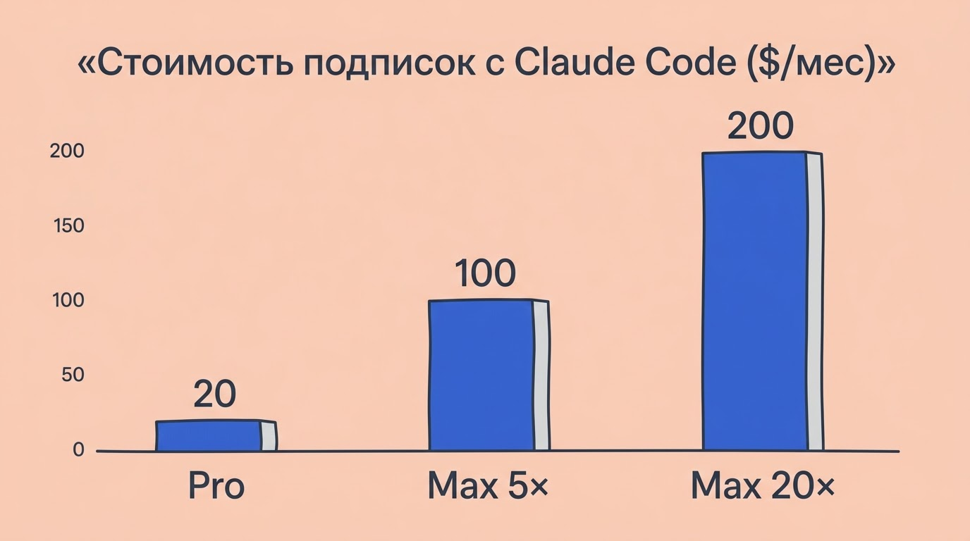 Столбчатая диаграмма стоимости подписок с Claude Code в долларах в месяц; рядом небольшая фигура разработчика, указывающего на экран с графиком
