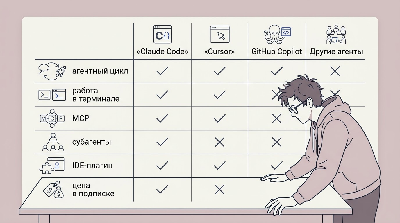 Таблица-чеклист с четырьмя колонками инструментов и строками ключевых возможностей; разработчик склонился над столом и сравнивает варианты
