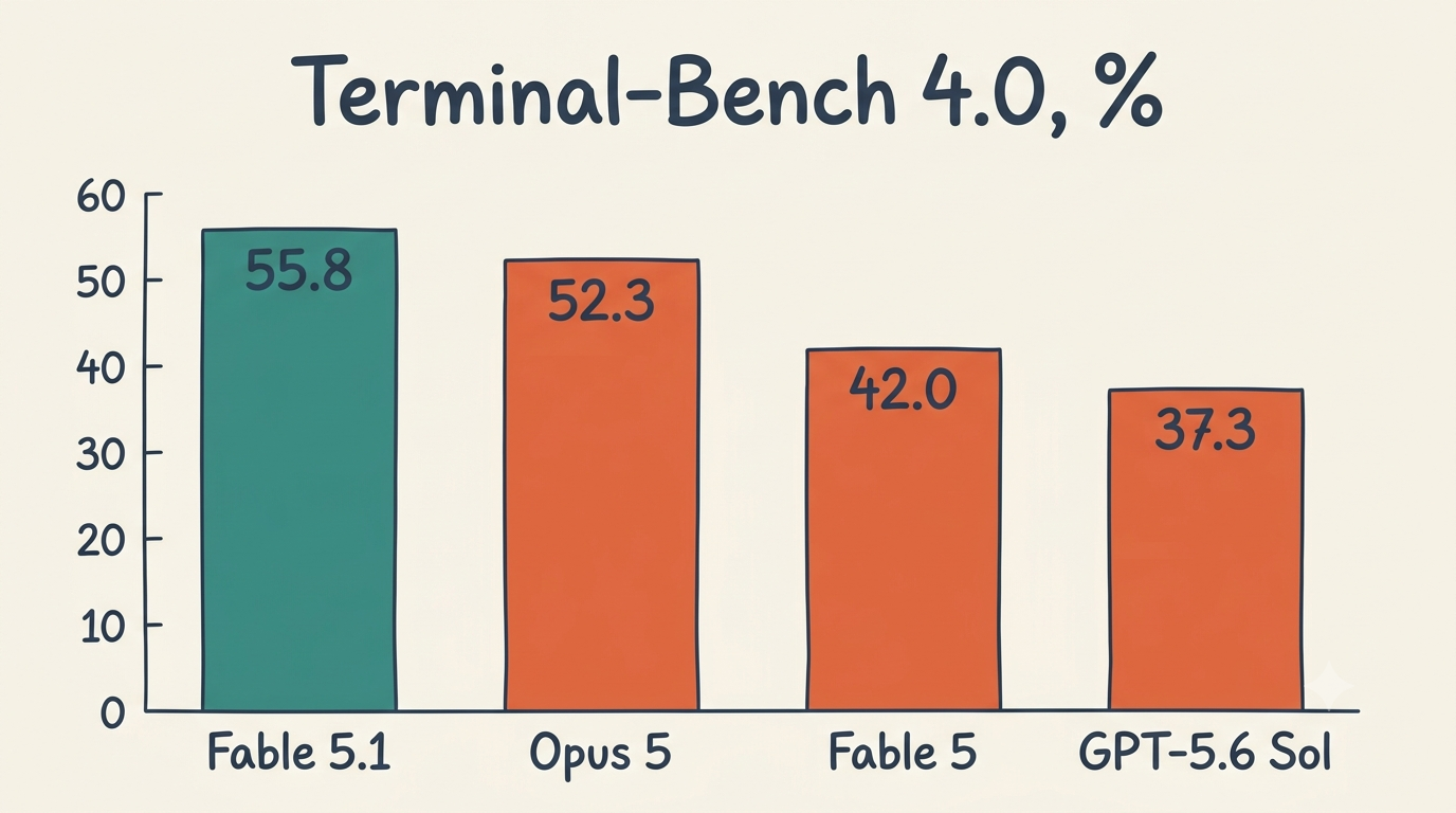 Результаты Terminal-Bench 4.0 в процентах: Fable 5.1, Opus 5, Fable 5, GPT-5.6 Sol