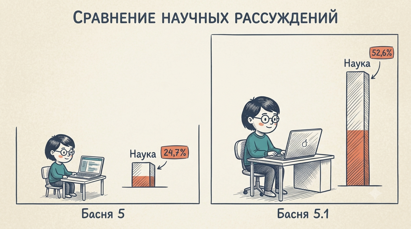 Сравнение научных рассуждений: Fable 5 — 24,7%, Fable 5.1 — 52,6%, рост почти вдвое