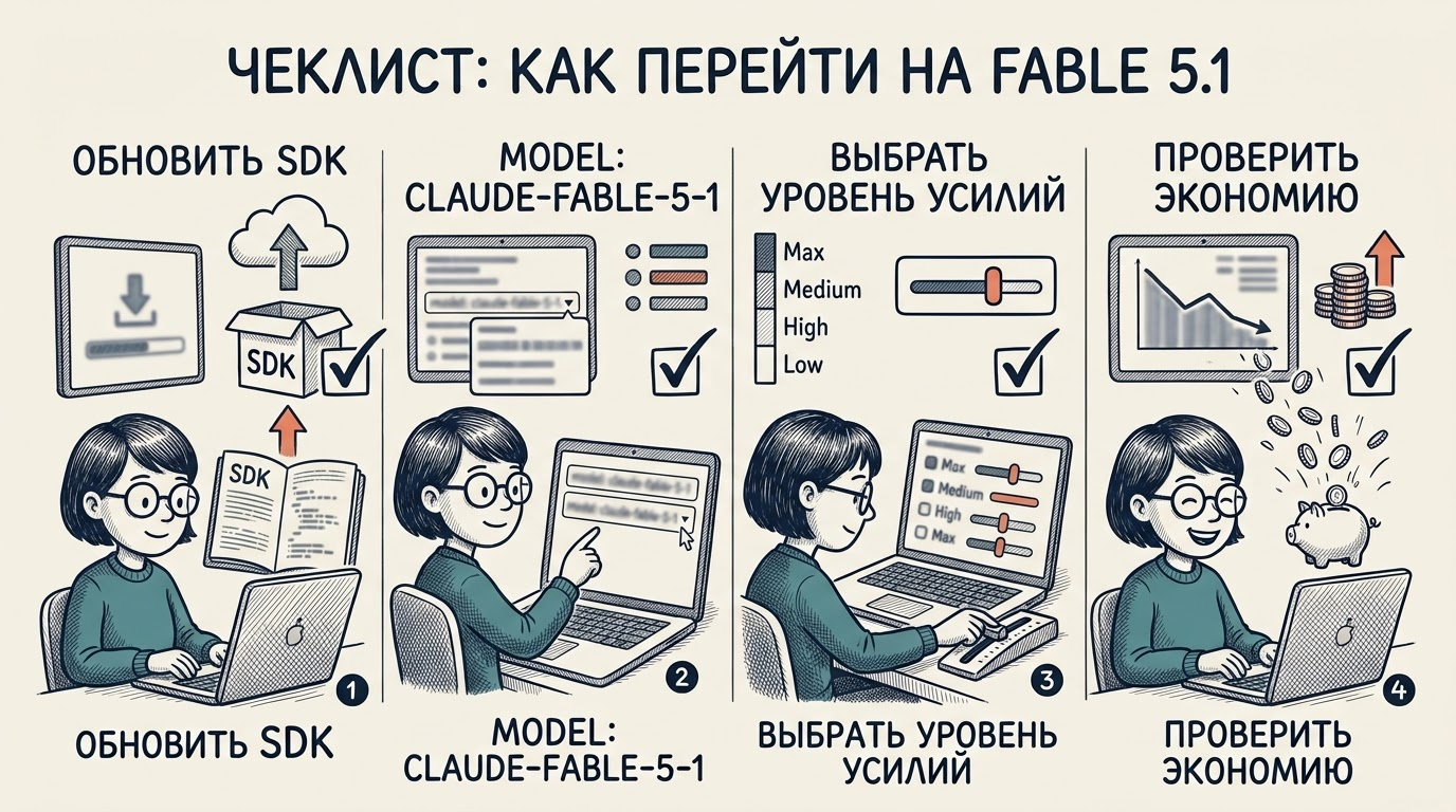 Чеклист перехода на Fable 5.1: обновить SDK, указать model claude-fable-5-1, выбрать уровень усилий, проверить экономию