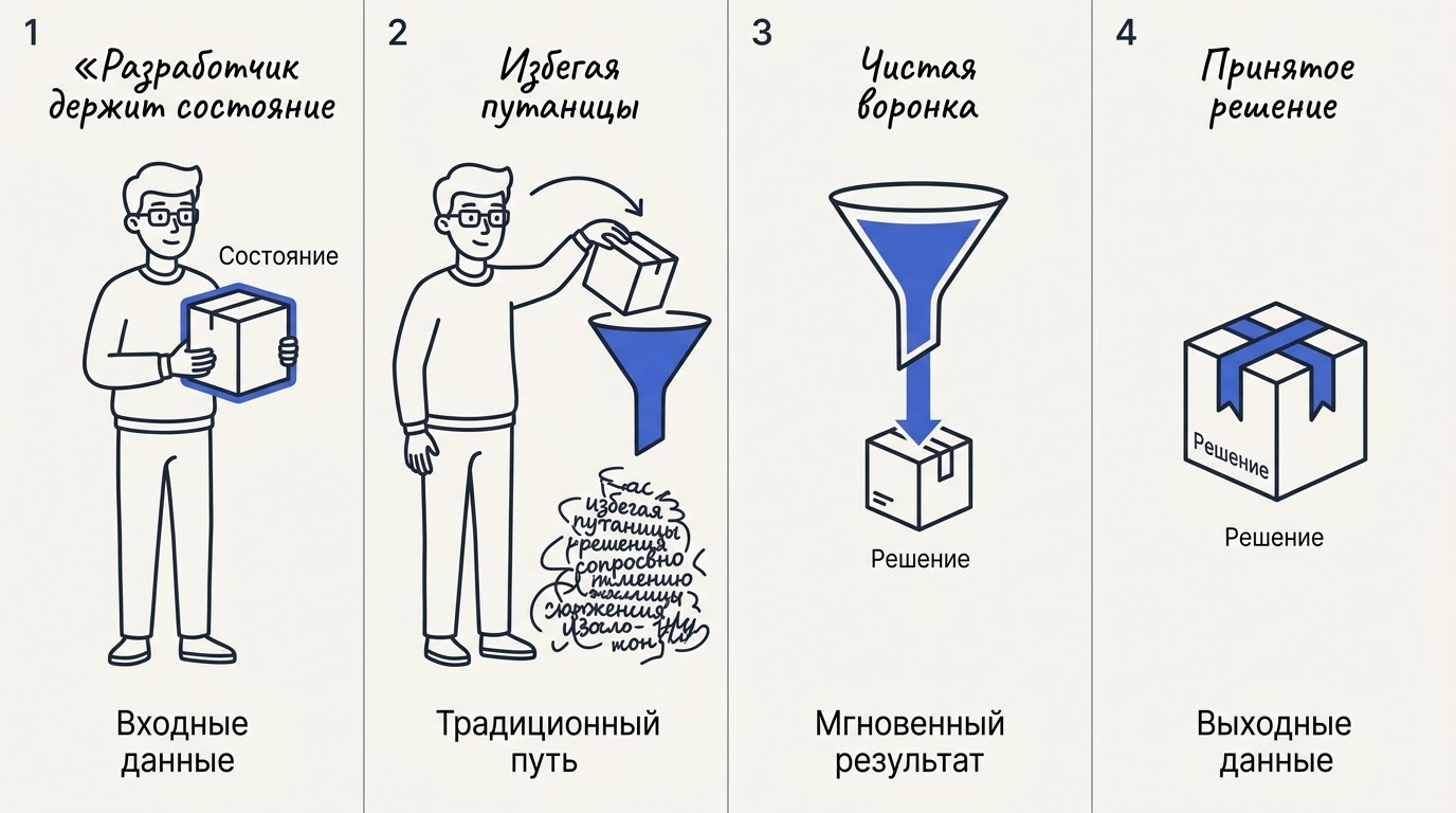 Разработчик кидает состояние приложения в воронку, получая готовое решение вместо текста.