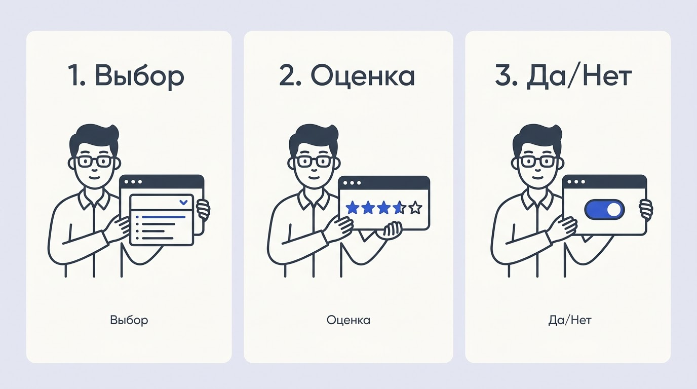 Парящий интерфейс с тремя модулями: выпадающим списком, звездным рейтингом и переключателем да/нет.