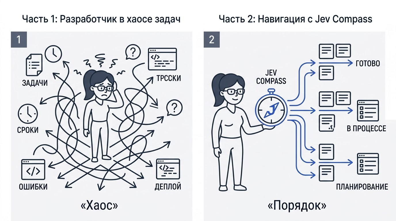Комикс: уставший разработчик на перекрестке задач находит компас Jev, который мгновенно распределяет работу по аккуратным очередям.