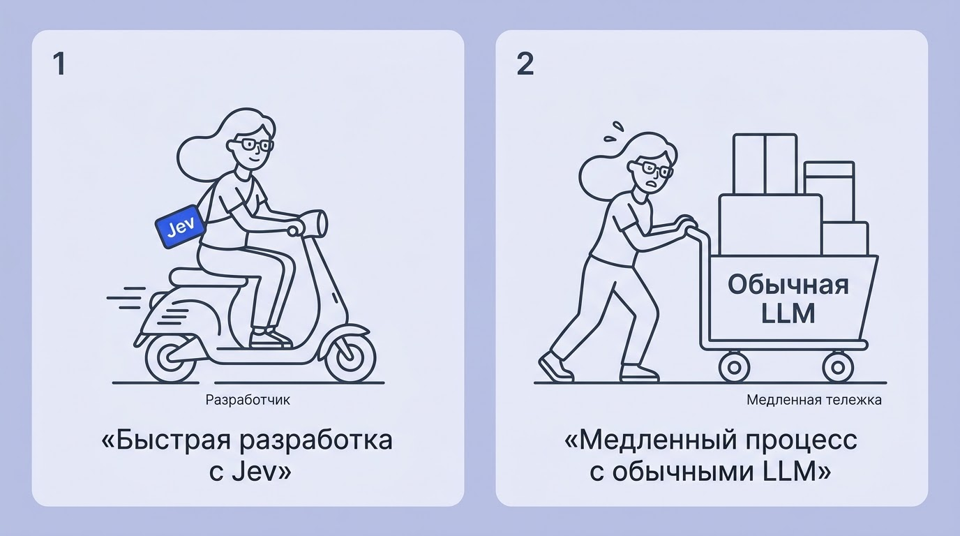 Сравнение: разработчик летит на легком скутере Jev, обгоняя человека с тяжелой и медленной тележкой обычной LLM.