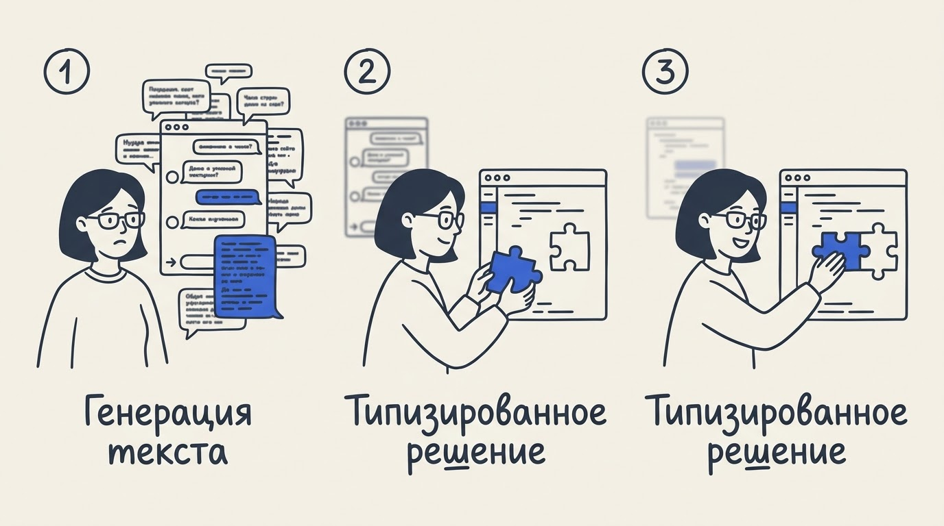 Девушка-разработчик радостно вставляет яркий пазл прямо в редактор кода на фоне размытого чата.