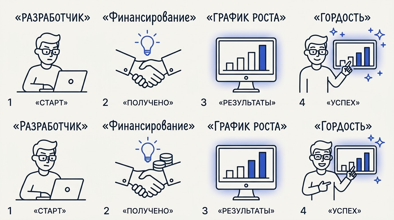 Разработчица с гордостью указывает на светящийся дашборд с диаграммой, показывающей масштабный раунд финансирования.