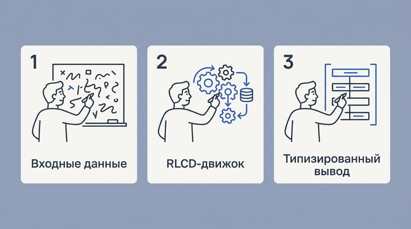 Разработчик рисует на доске линейную схему превращения неструктурированных данных в типизированный объект.