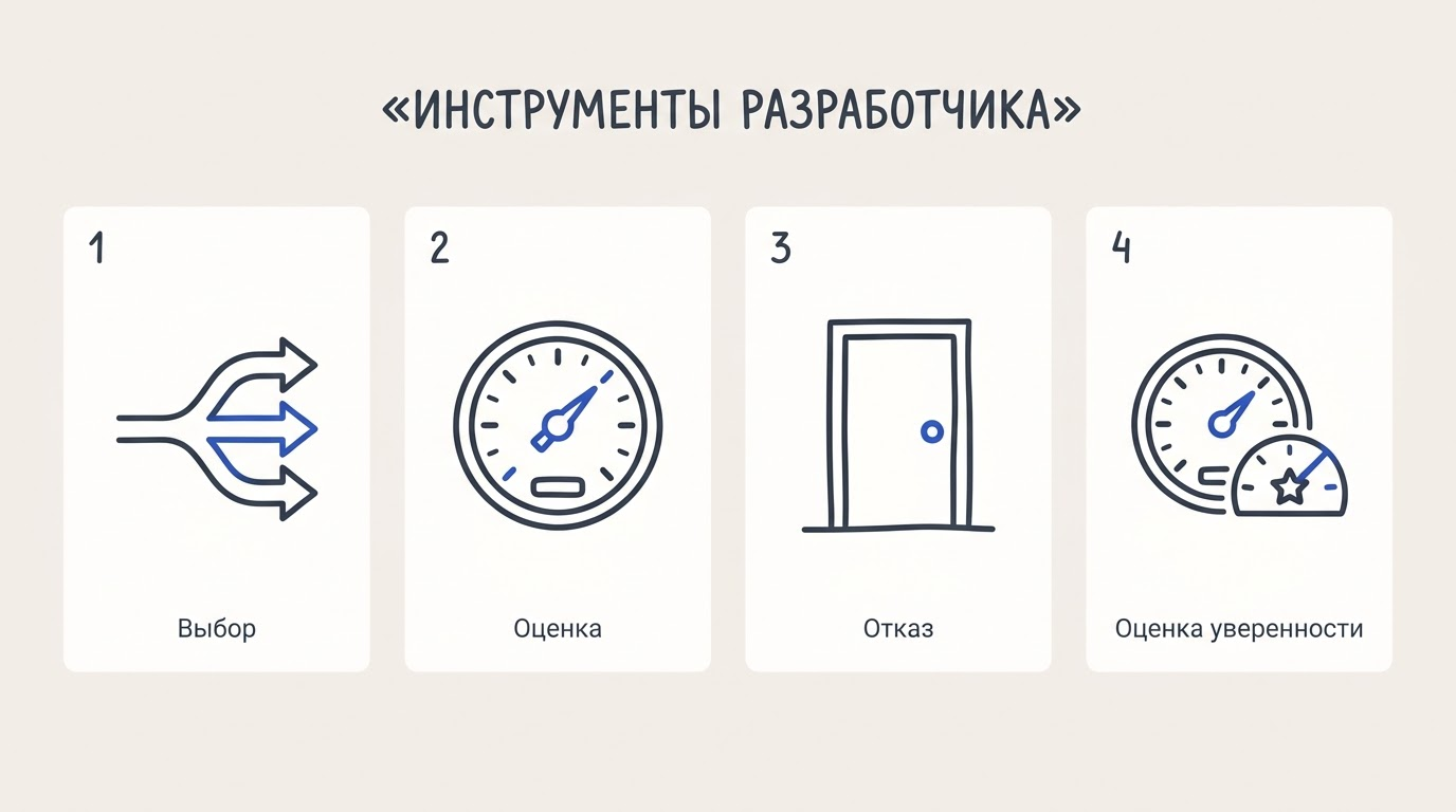 Пользователь листает на планшете сетку с иконками ветвления решений, числовой шкалы и закрытой двери.