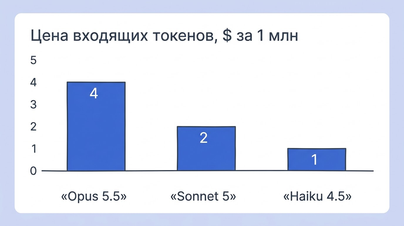 Столбчатая диаграмма сравнения цен входных токенов Haiku, Sonnet и Opus