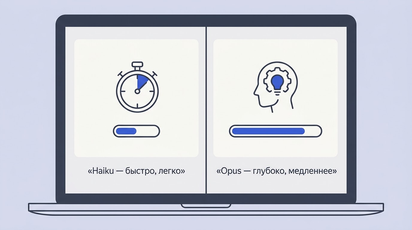Сравнение двух панелей: Haiku со секундомером и малой шкалой контекста, Opus с иконкой анализа и широкой шкалой