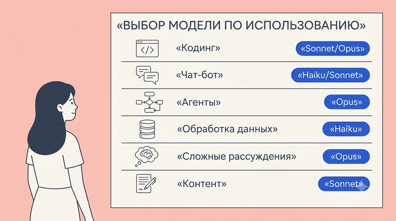 Таблица-чеклист с иконками типов задач и цветными бейджами рекомендуемых моделей