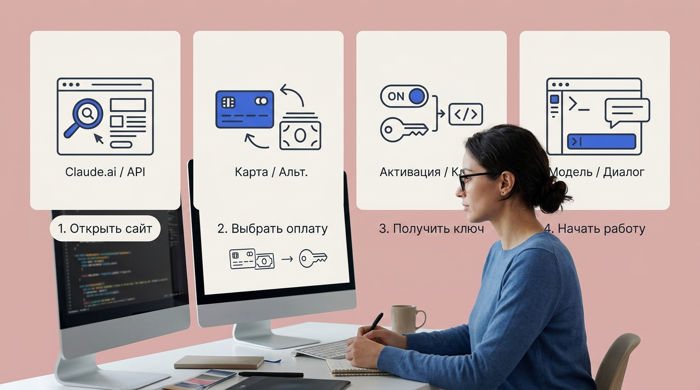 Четырёхшаговая блок-схема: открыть сайт, выбрать оплату, получить ключ, начать работу