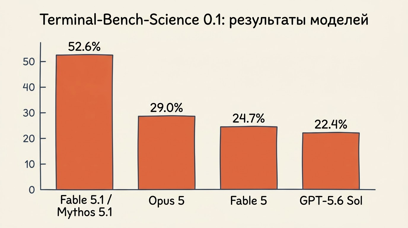 Столбчатая диаграмма Terminal-Bench-Science 0.1: Fable/Mythos 5.1 — 52.6%, Opus 5 — 29.0%, Fable 5 — 24.7%, GPT-5.6 Sol — 22.4%