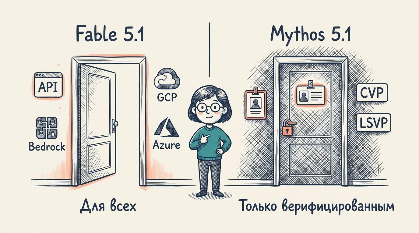 Сравнение Fable 5.1 и Mythos 5.1: слева открытый доступ через API, Bedrock, GCP, Azure; справа доступ только через CVP и LSVP