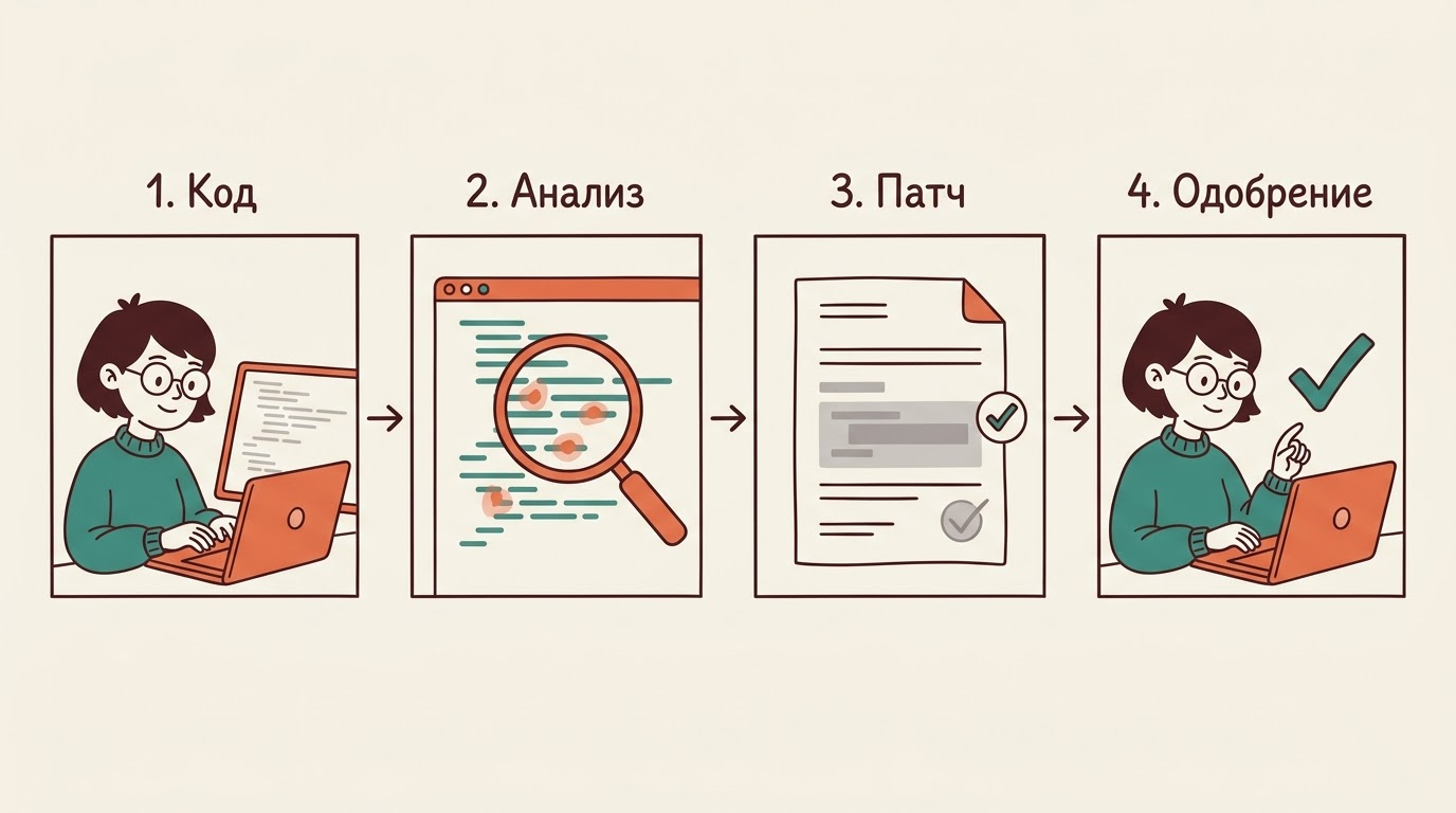 Схема аудита кода Claude Security на Mythos 5.1: код, анализ уязвимостей, готовый патч, одобрение специалистом