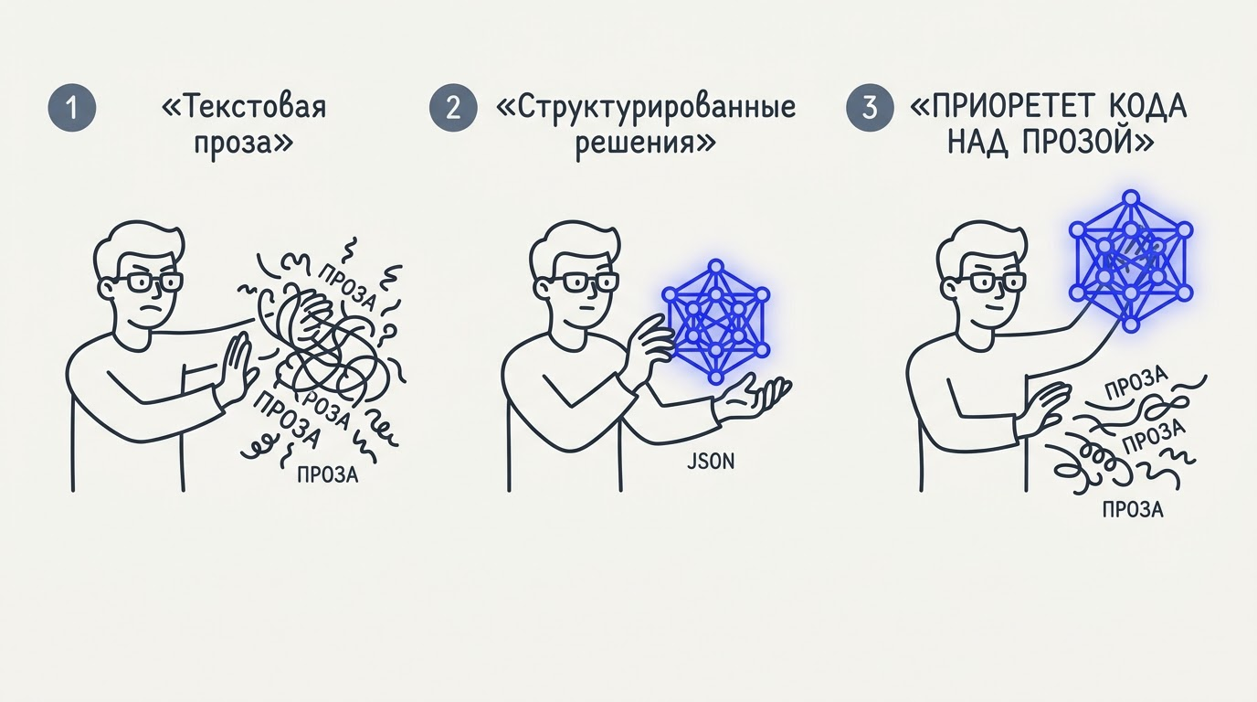 Персонаж держит светящуюся структуру JSON в одной руке, отбрасывая спутанные нити обычного текста другой.