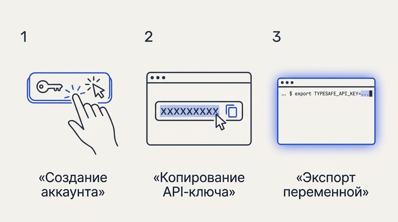 Три панели: нажатие кнопки Get Key, копирование текста и вставка ключа в светящийся терминал командной строки.