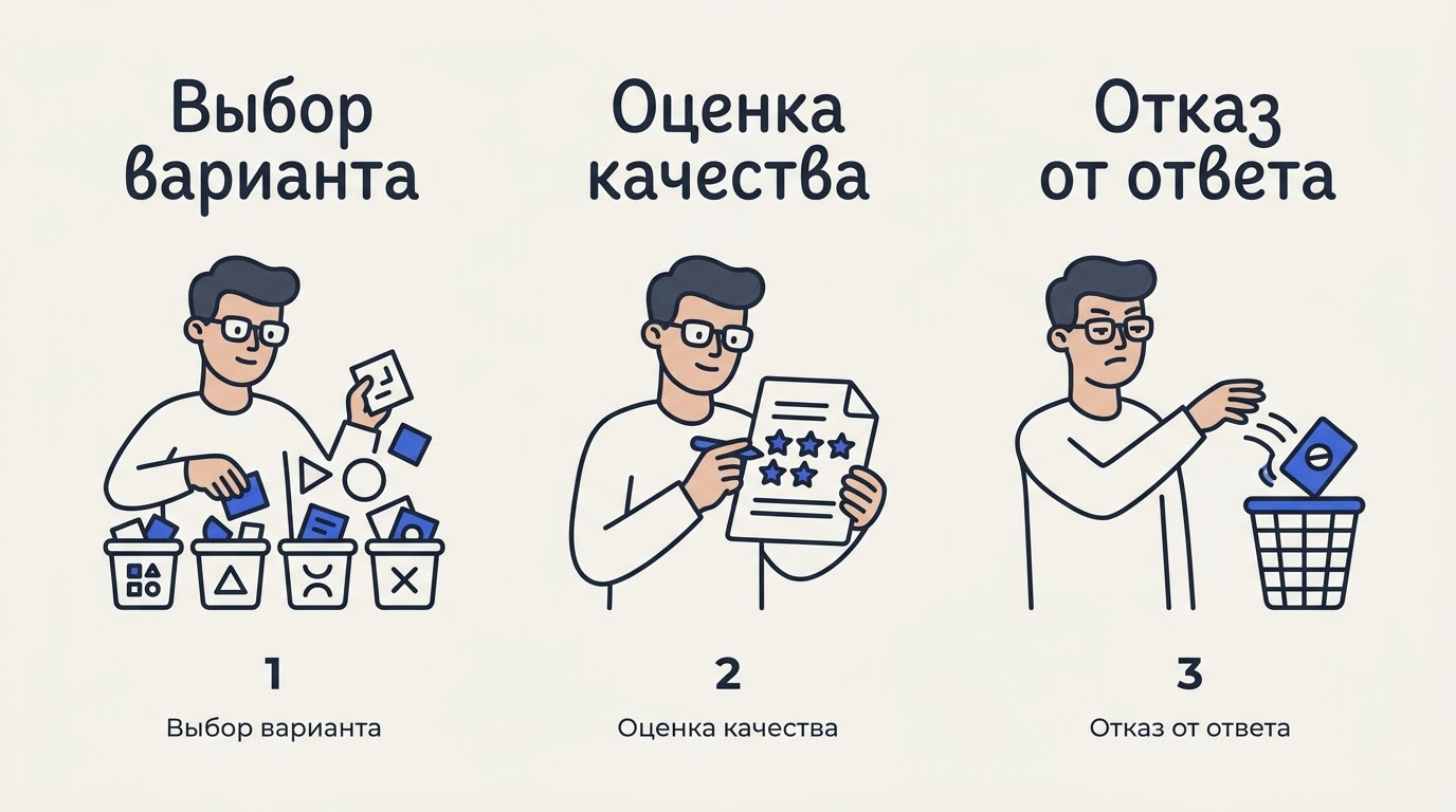 Сравнение на трех экранах: сортировка предметов по корзинам, выставление высокой оценки документу и сброс мусора.