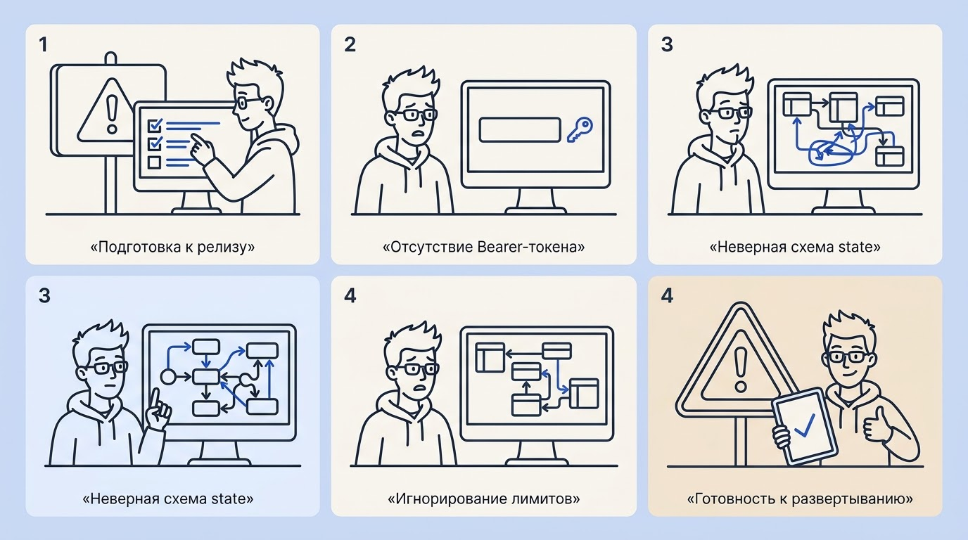 Персонаж показывает большой палец и указывает на предупреждающий знак со списком типичных ошибок разработчика.