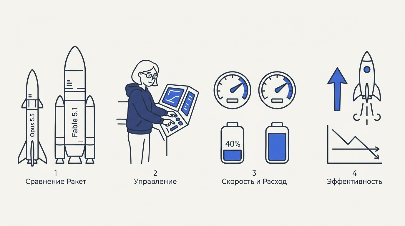 Женщина управляет ракетой Opus 5.5, рядом стоит более громоздкая ракета Fable 5.1, спидометр показывает равную скорость при меньшем расходе топлива