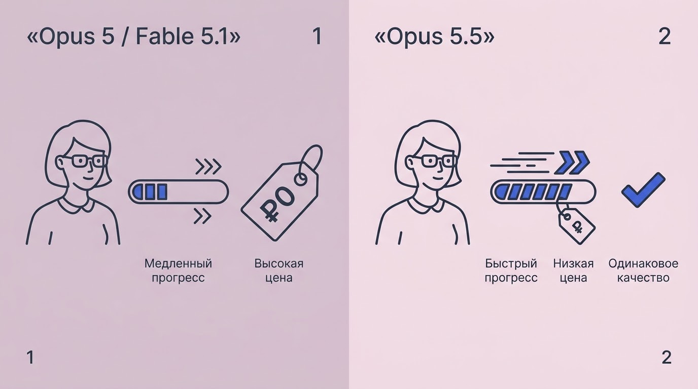 Разделённый экран: слева медленный прогресс-бар и крупный ценник Opus 5 и Fable 5.1, справа быстрый прогресс-бар и меньший ценник Opus 5.5 с зелёной