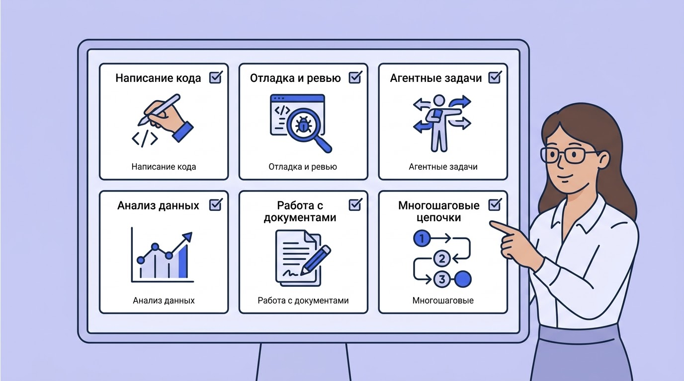 Сетка карточек возможностей с иконками: код, агенты, управление компьютером, работа со знаниями — все отмечены галочками на большом мониторе