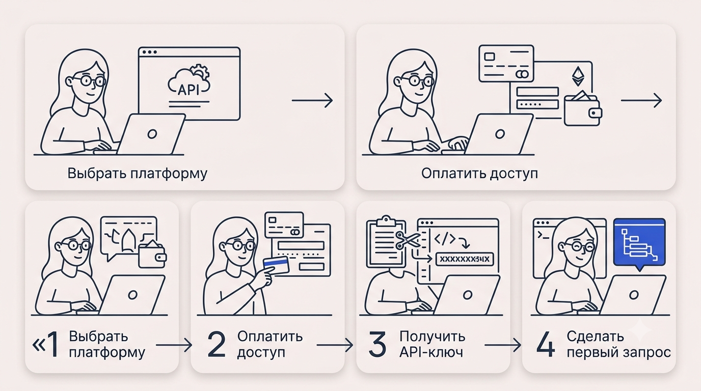Горизонтальная пошаговая схема: открытие браузера, ввод платёжных данных, вставка API-ключа в редактор, успешный ответ в терминале