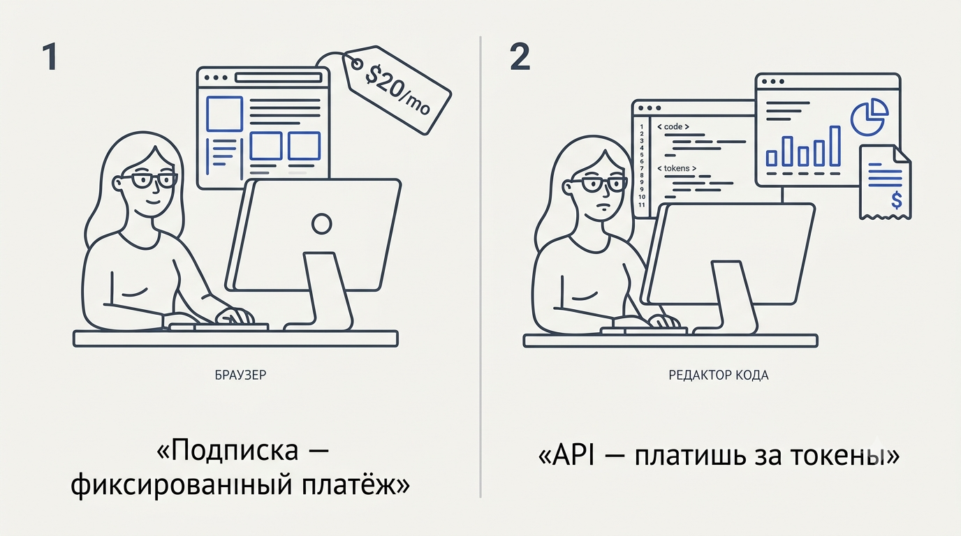 Разделённый экран: слева женщина в браузере с ChatGPT и ценником $20 в месяц, справа она же за редактором кода с API-дашбордом и счётчиком токенов