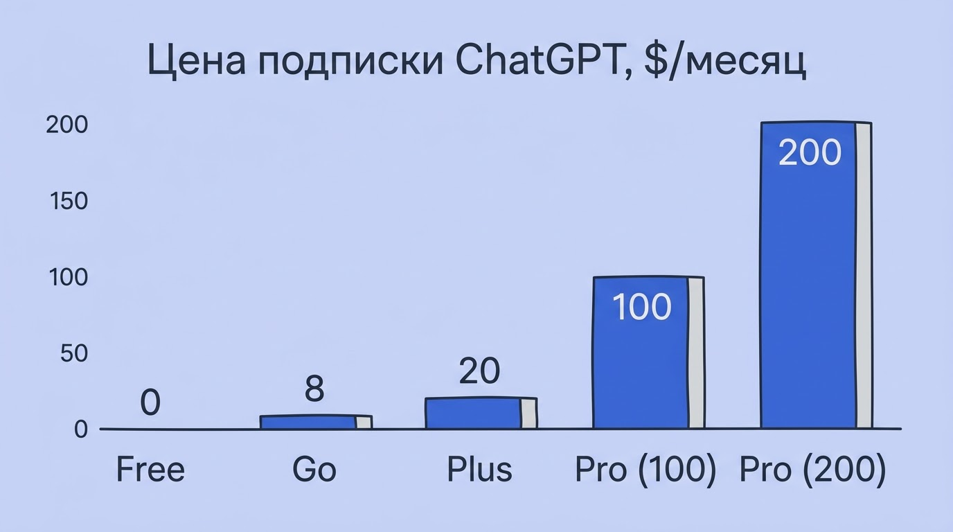 Столбчатая диаграмма на мониторе с ценами тарифов ChatGPT: Free, Go, Plus, Pro 100, Pro 200 — столбцы растут слева направо