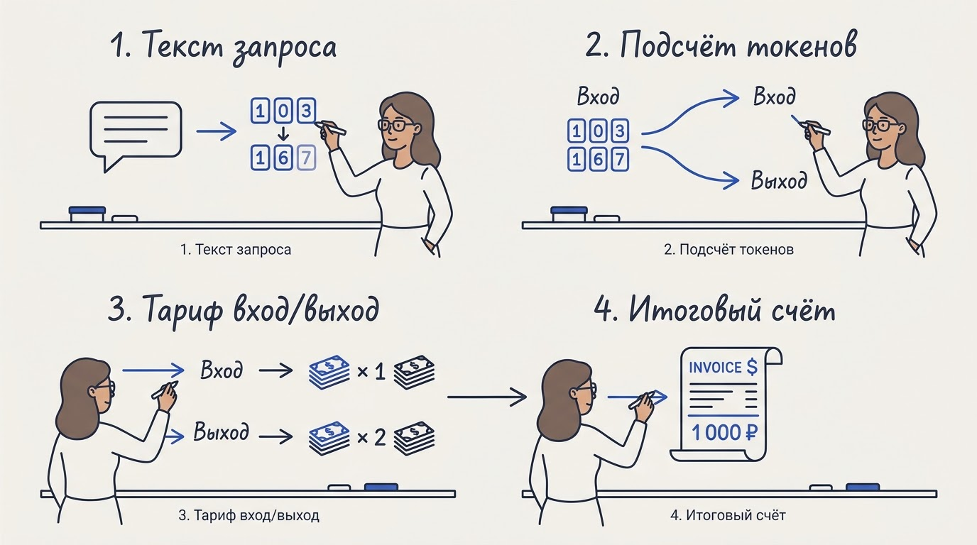 Горизонтальная блок-схема на доске из четырёх шагов: текст, подсчёт токенов, разделение на input и output, итоговый счёт со стрелками между этапами
