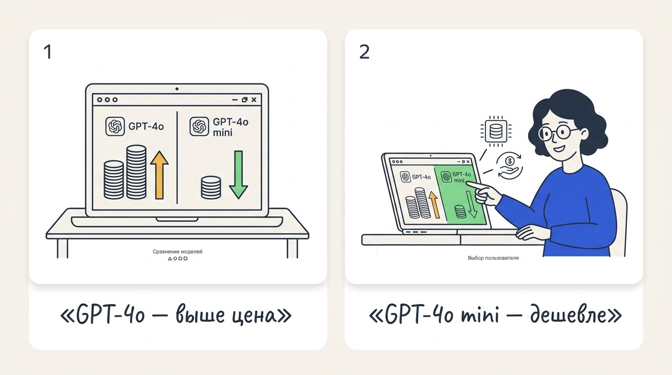 Две панели на экране ноутбука: GPT-4o с высокой ценой токена выделен жёлтым, GPT-4o mini с низкой ценой выделен зелёным, женщина указывает на правую
